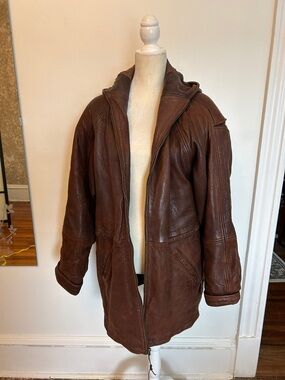 Men's Brown Leather Hooded Shirt Jacket